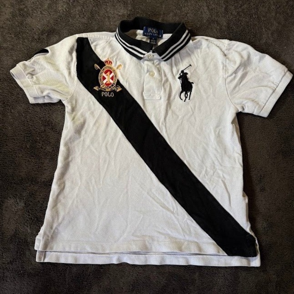 Polo Ralph Lauren Boys Big Pony Sash Polo Shirt White Black Size M 10-12